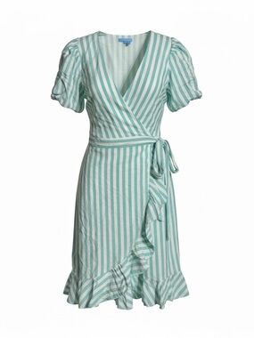 Draper James RSVP XL Mint Teal Stripe Wrap Dress Ruffle Hem Preppy Feminine